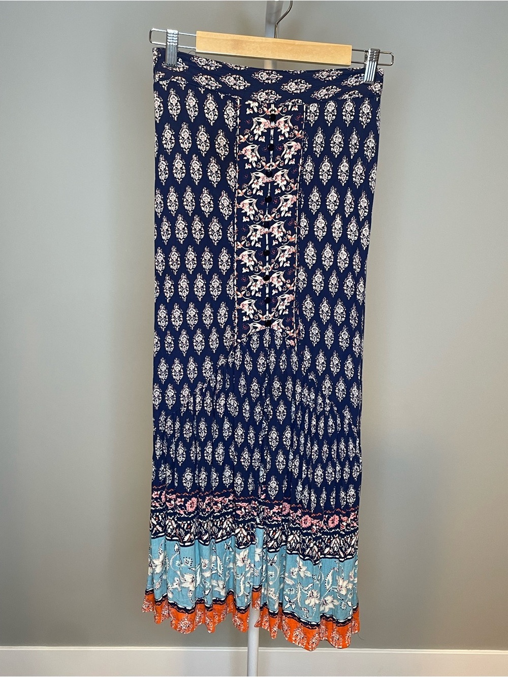 Angie Navy Boho Print Maxi Skirt with Contrast Hem - Medium